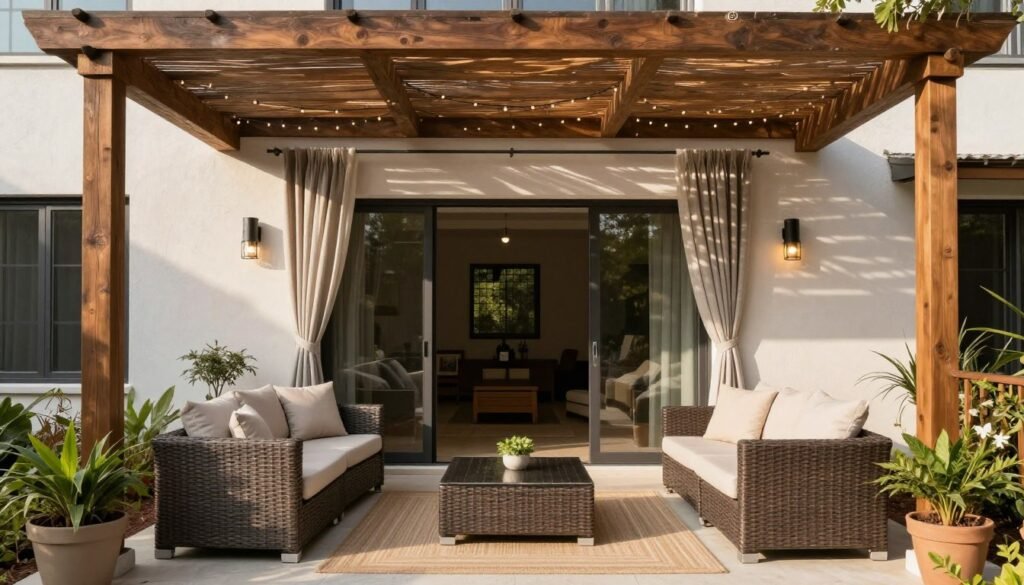 A front patio with a pergola, outdoor curtains, and weather-resistant furniture creating a year-round usable space