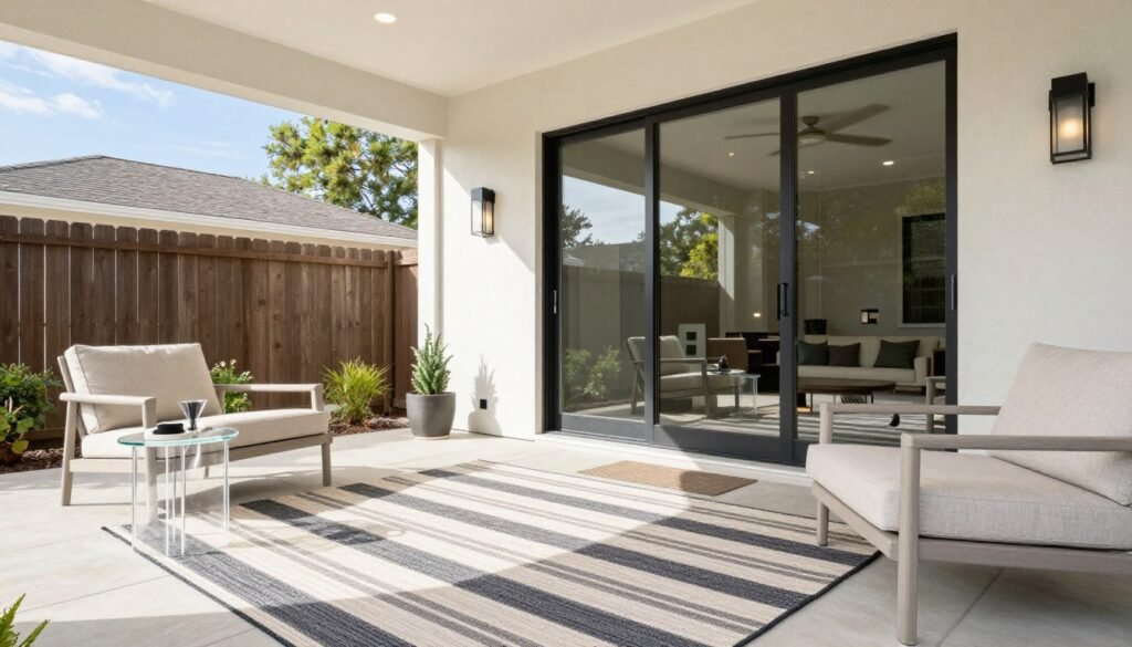 A front patio with optical illusions, mirrors, and design tricks to make a small space appear larger