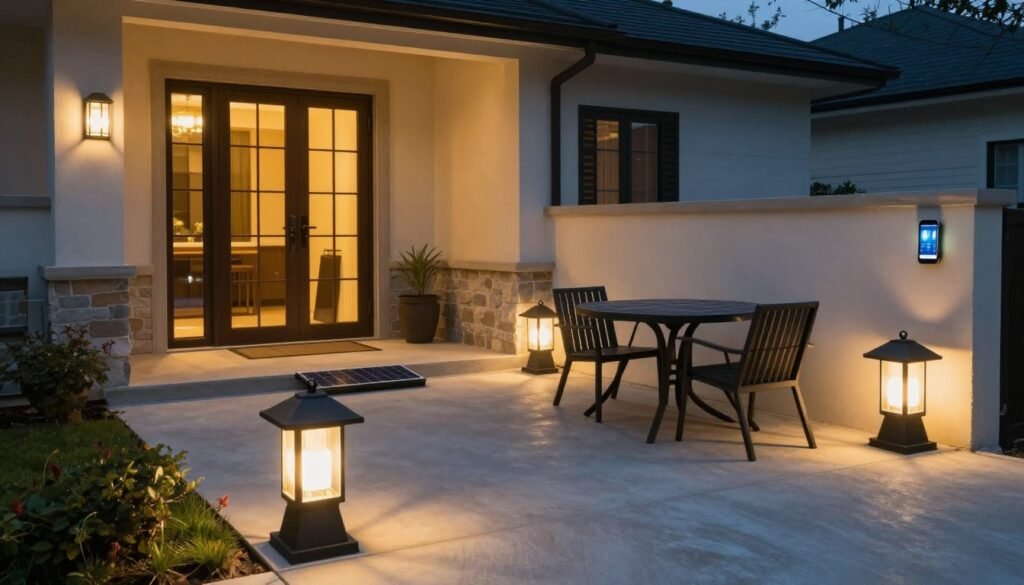 A front patio with solar-powered lighting features, energy-efficient fixtures, and smart lighting controls