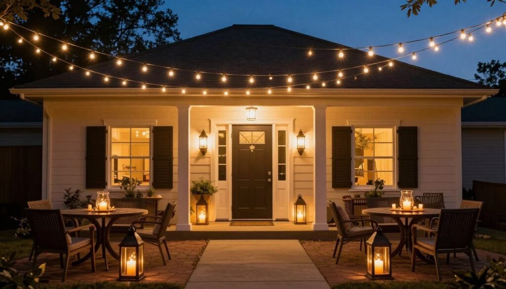 A front patio with string lights, lanterns, and pathway lighting creating a magical evening atmosphere