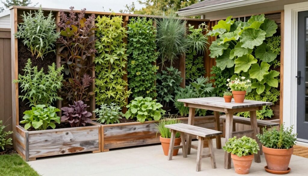 A front patio with vertical gardens, herb planters, and sustainable elements creating a productive green space