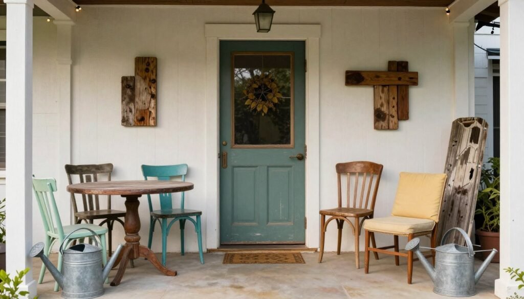 A front patio with vintage and repurposed elements creating a unique, personal space with character