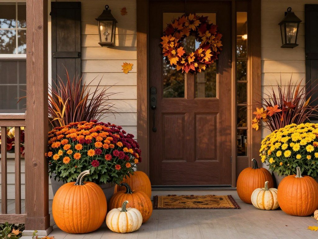 A front porch decorated for fall with mums, pumpkins, and autumn foliage