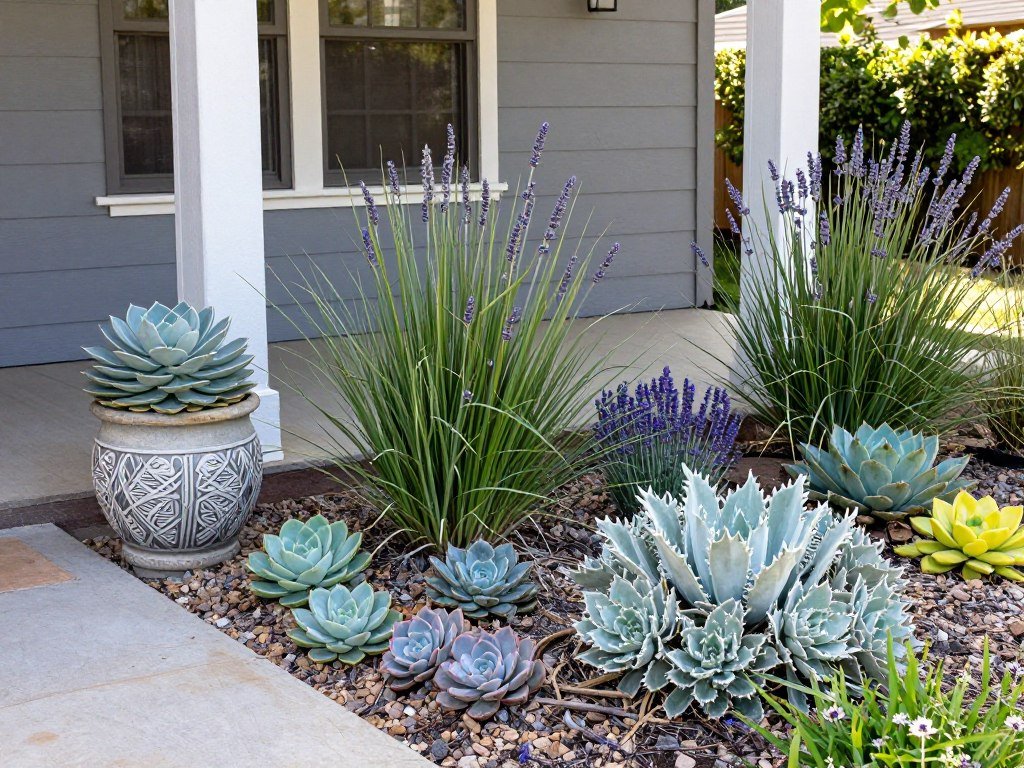 A front porch with drought-tolerant landscaping featuring succulents, ornamental grasses, and xeriscaping elements