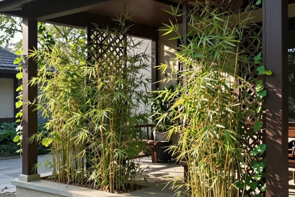 A front porch with privacy screens created by tall plants, trellises with vines, and decorative panels