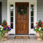 A front porch with symmetrical container gardens featuring colorful flowers in decorative planters