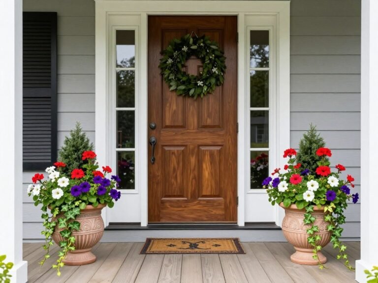 A front porch with symmetrical container gardens featuring colorful flowers in decorative planters