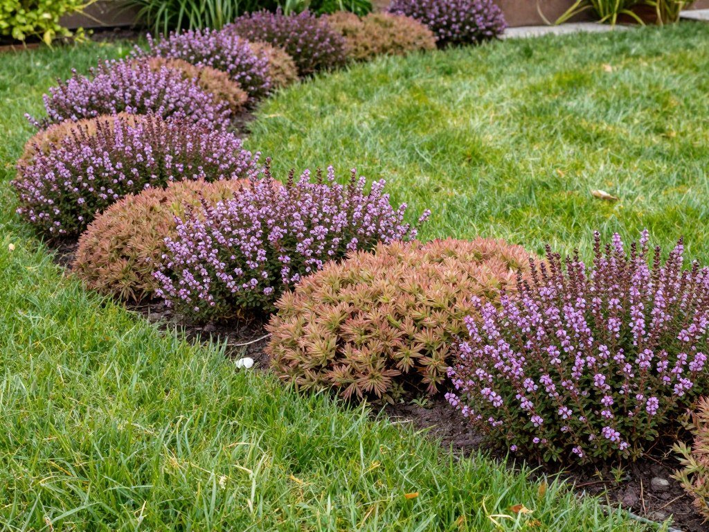 A front yard featuring creeping thyme and sedum ground covers instead of traditional lawn