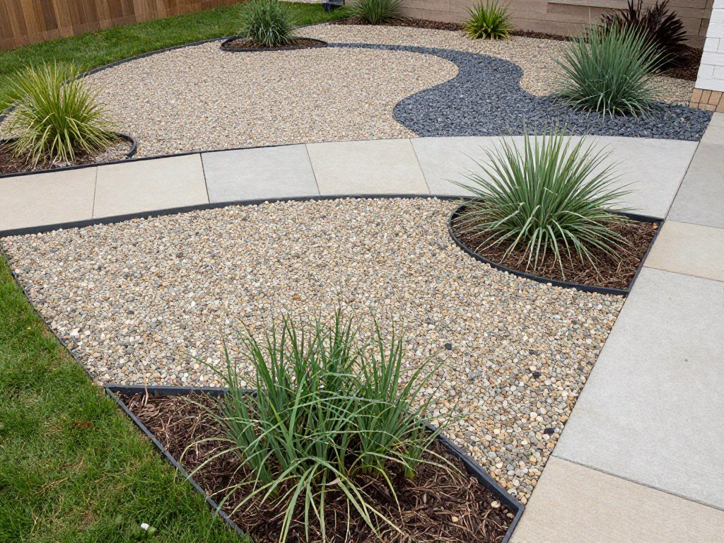 A front yard featuring decorative gravel and pavers instead of grass