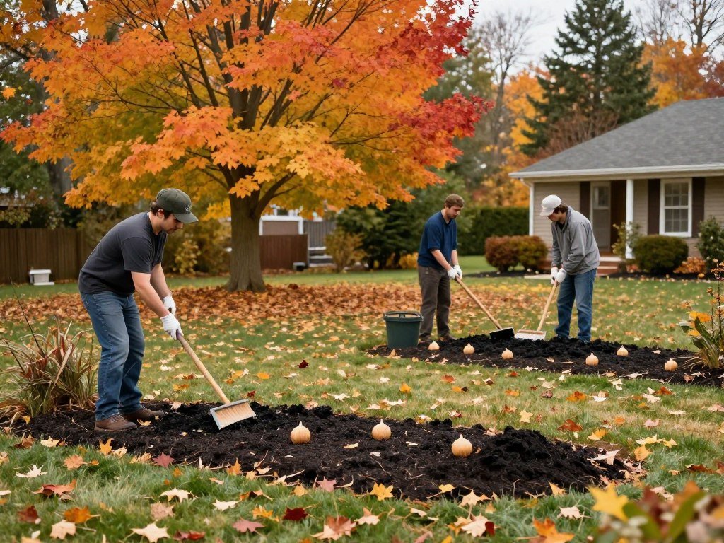 A front yard in fall with autumn colors and seasonal maintenance being performed