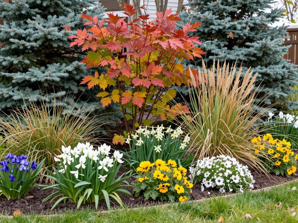 A front yard landscape showing four-season interest with spring bulbs, summer perennials, fall color, and winter structure