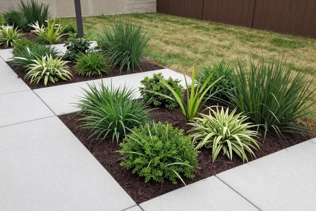 A front yard with clean, simple design featuring grouped plantings and defined hardscape areas