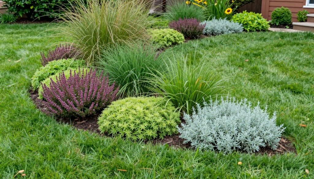 A front yard with ground covers and lawn alternatives creating a lush, low-maintenance landscape