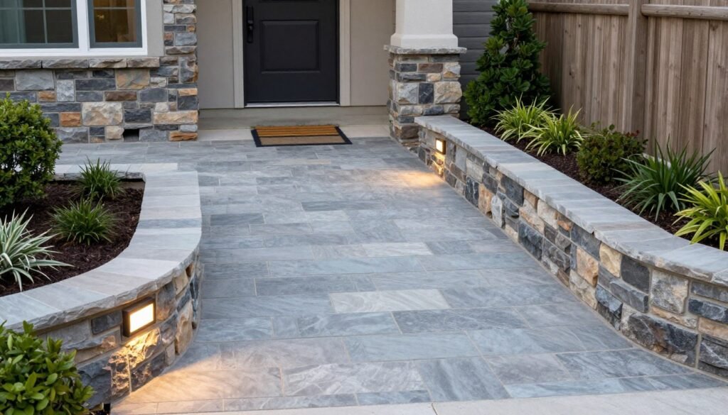 A front yard with well-designed hardscaping elements including a stone walkway and decorative border