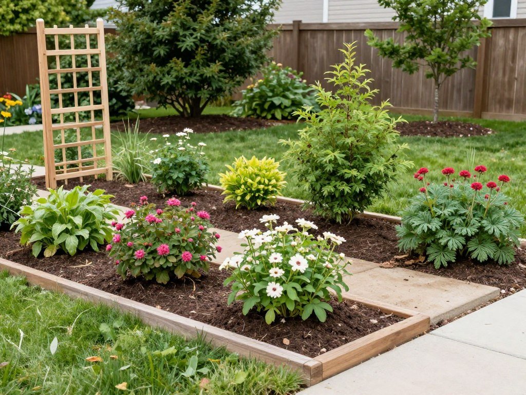 A front yard with young plants and simple DIY elements showing potential for growth