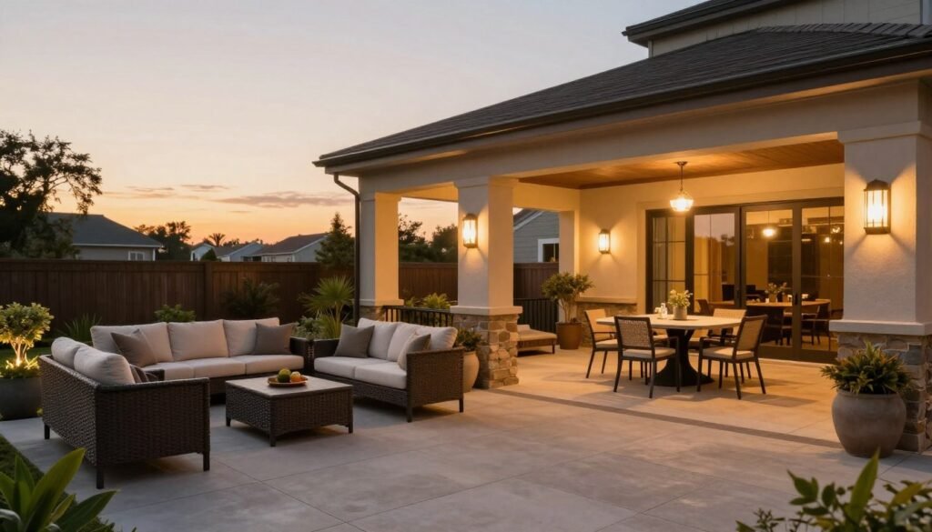A fully furnished patio with conversation area, dining space, and decorative elements at sunset