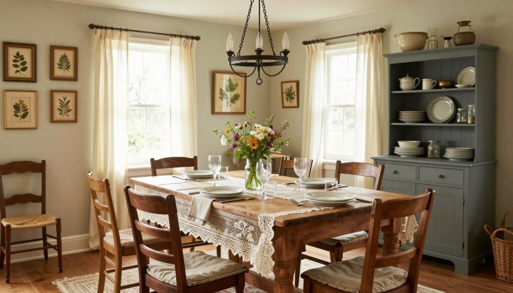 A fully styled cottage core dining room with all elements working together - rustic table, mismatched chairs, vintage textiles, natural elements, and warm lighting creating a cohesive, inviting space