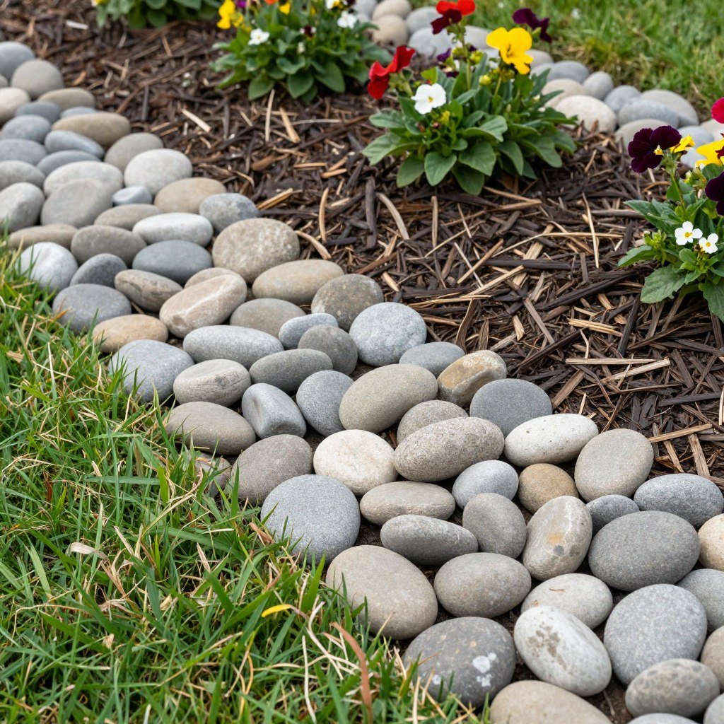 A garden bed with uniform river rock edging creating a clean border