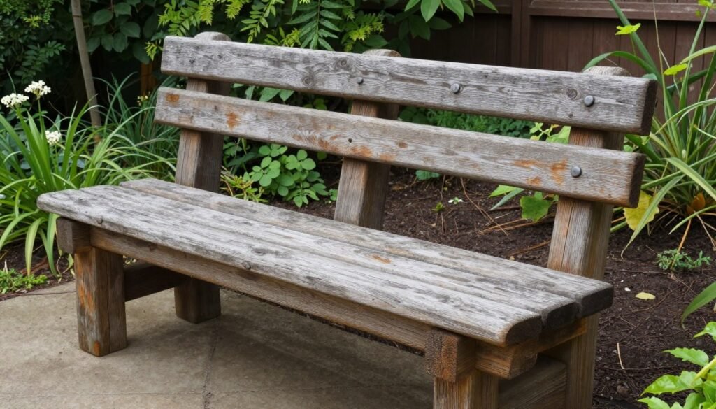 A garden bench made from railroad ties with a simple, rustic design A garden bench made from railroad ties with a simple, rustic design