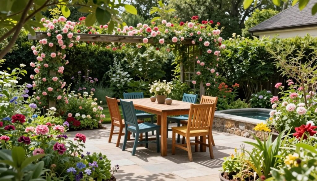 A garden outdoor dining area surrounded by lush plants and flowers A garden outdoor dining area surrounded by lush plants and flowers