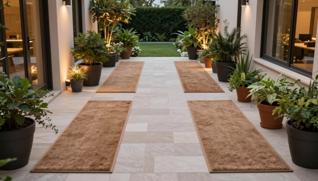 A garden pathway lined with outdoor runner rugs creating a defined walking route through the patio space