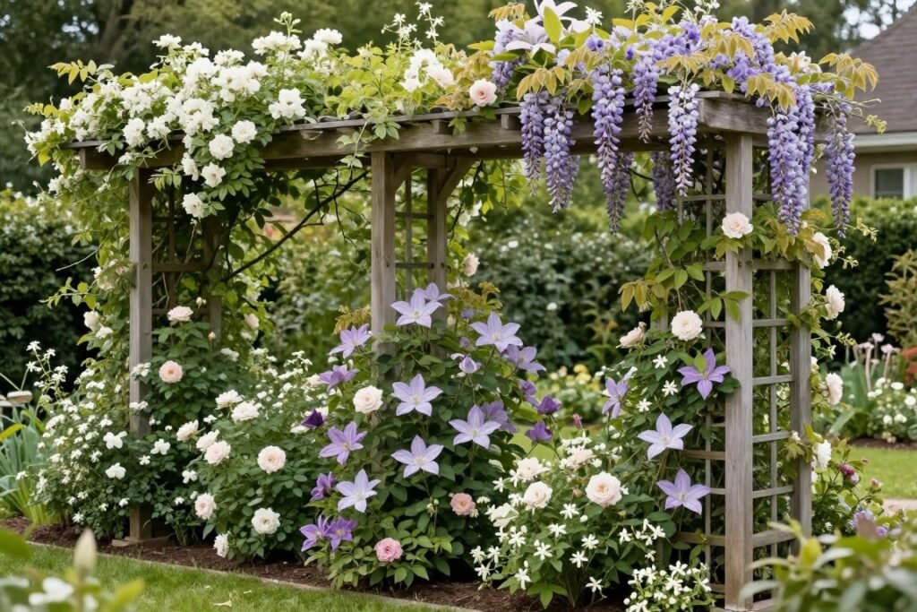 A garden trellis covered with flowering vines creating height, privacy, and visual interest in a landscape