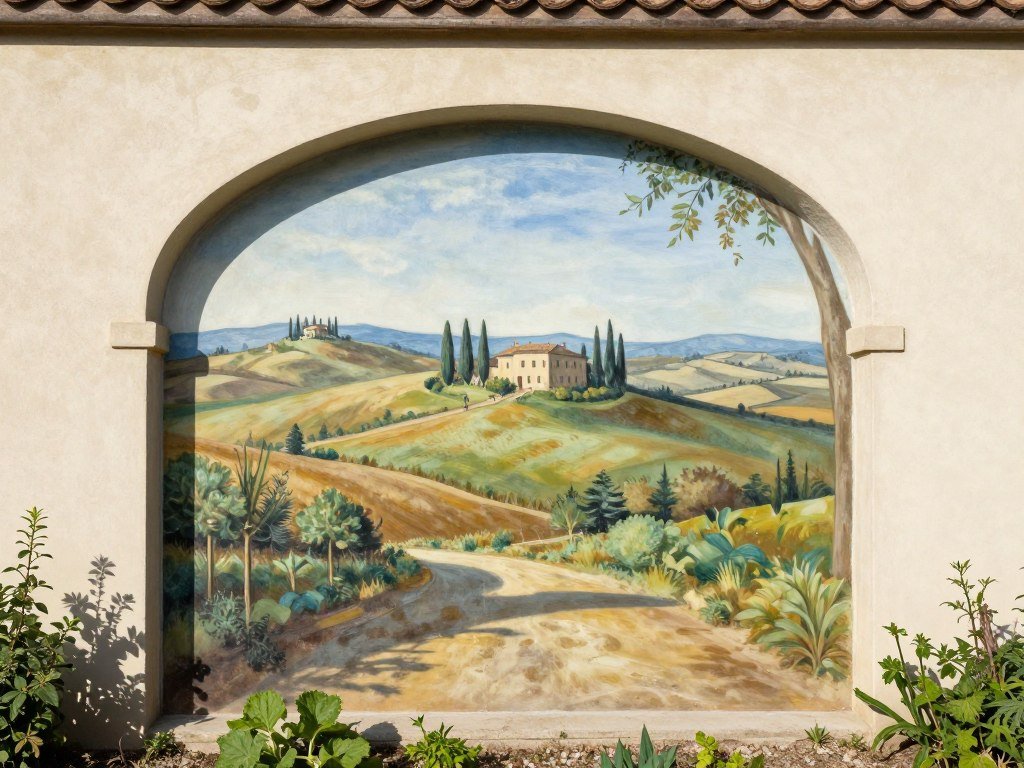 A garden wall with a trompe l'oeil mural creating the illusion of an archway opening to a distant landscape, exemplifying creative backyard mural ideas