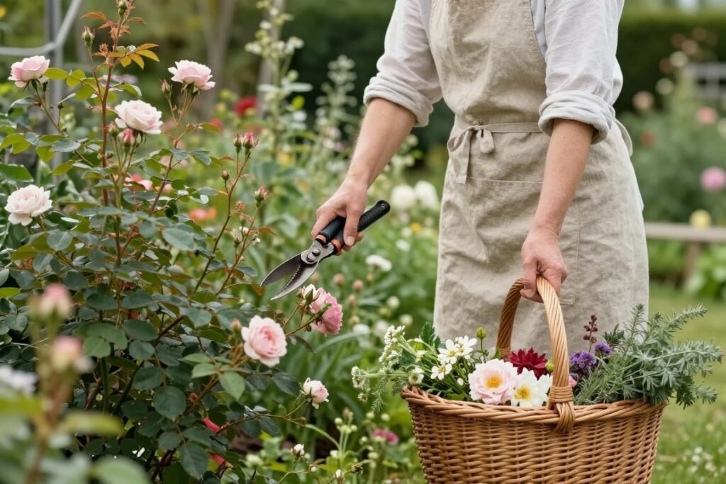 A gardener in a cottage core backyard gently pruning roses with vintage garden tools
