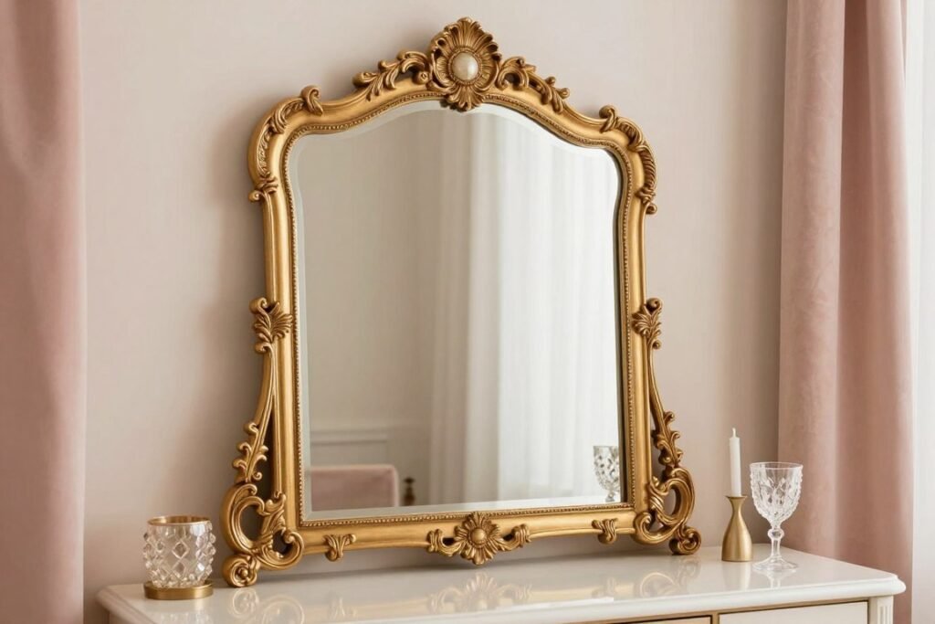 A glamorous gold-framed vanity mirror in an elegant, feminine setting