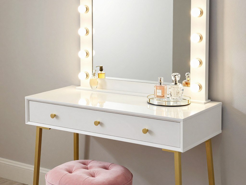 A glamorous white vanity desk with mirrored accents, a Hollywood light-up mirror, and a pink velvet stool