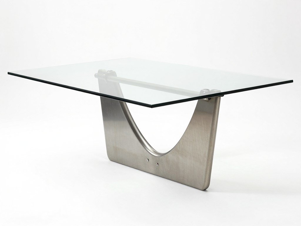 A glass-top modern dining table with sculptural base