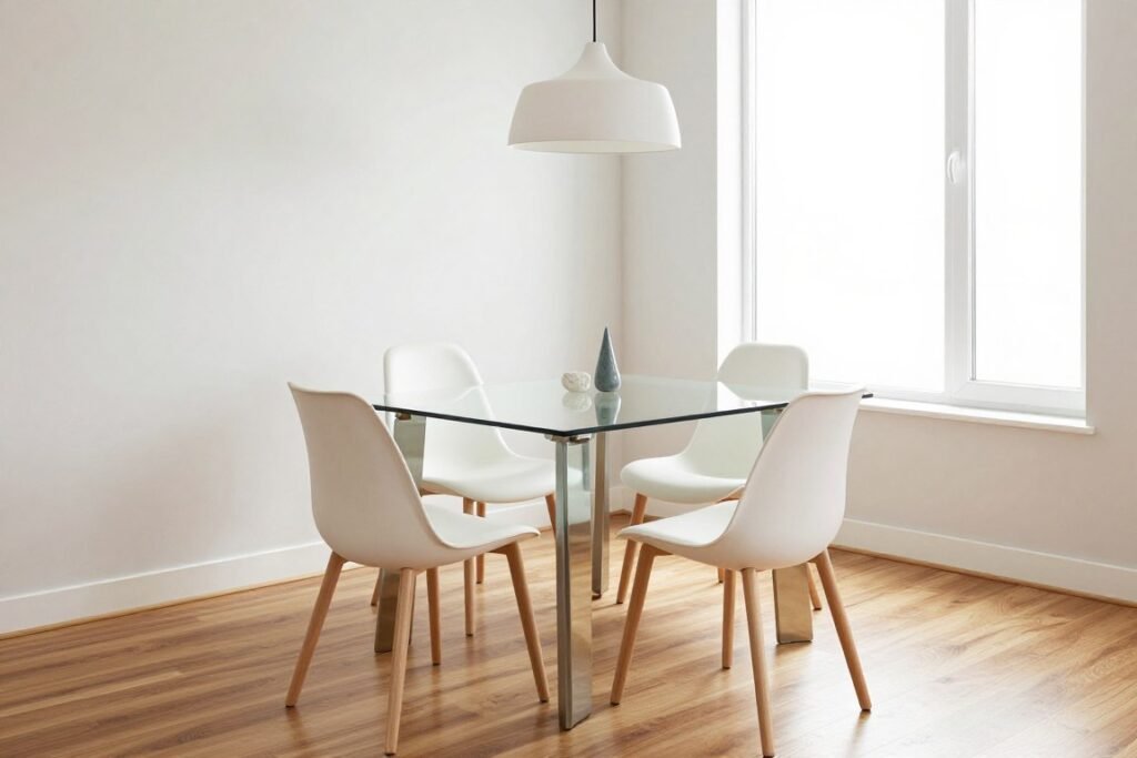 A glass-topped dining table in a small apartment dining area with modern chairs