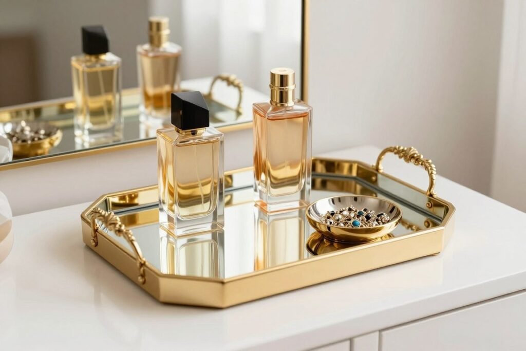 A gold mirrored vanity tray holding perfume bottles and a small jewelry dish on a white vanity surface