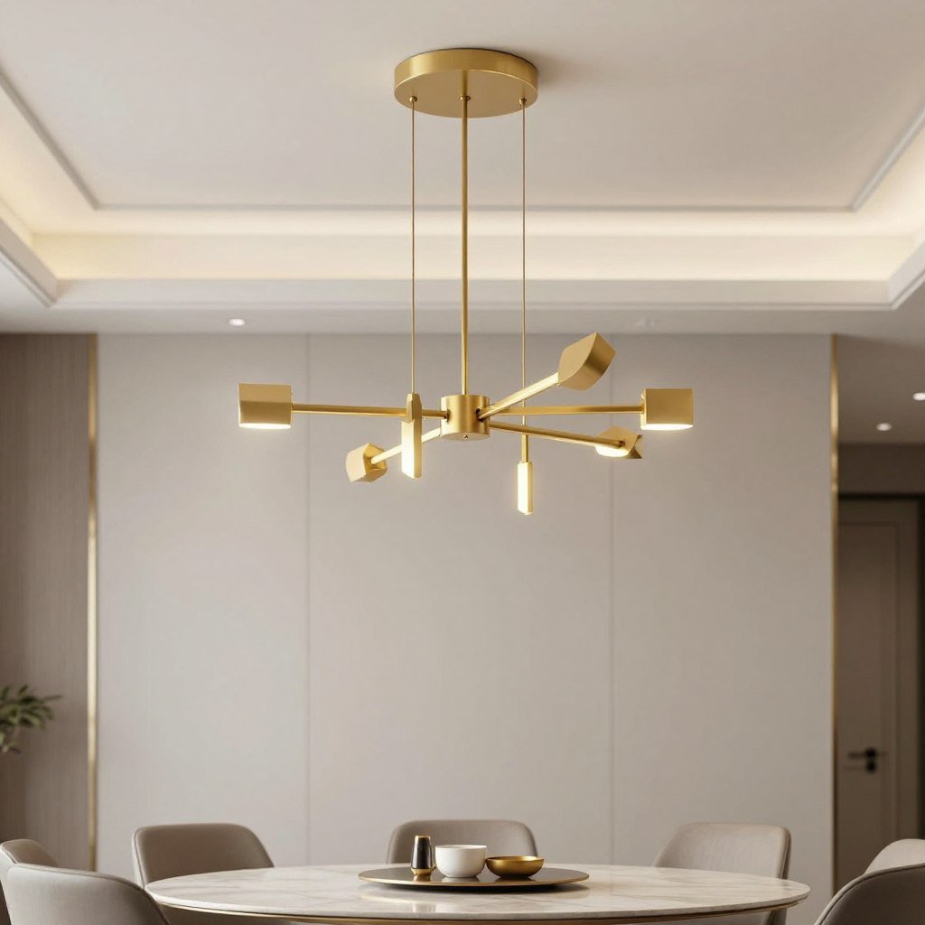 A gold modern chandelier in a glamorous dining room setting