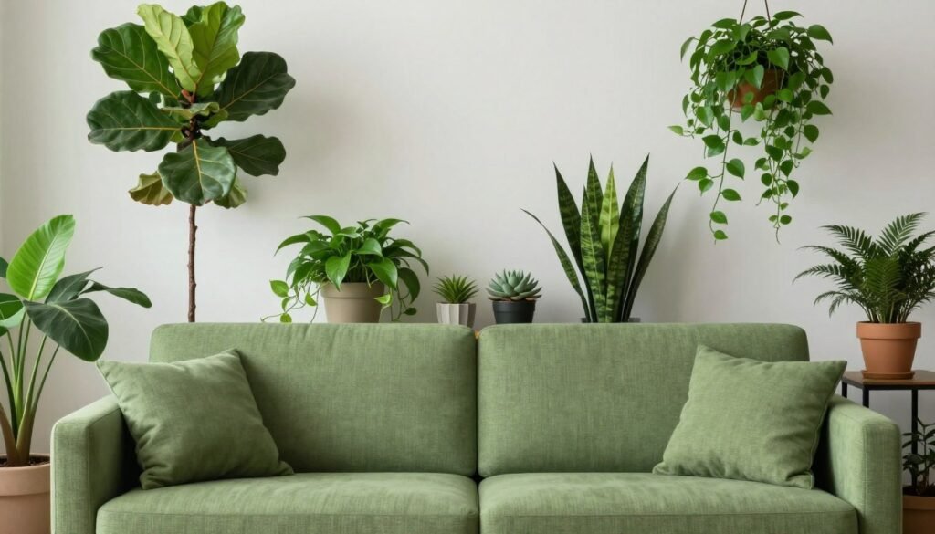 A green couch complemented by various indoor plants creating a lush, biophilic living room