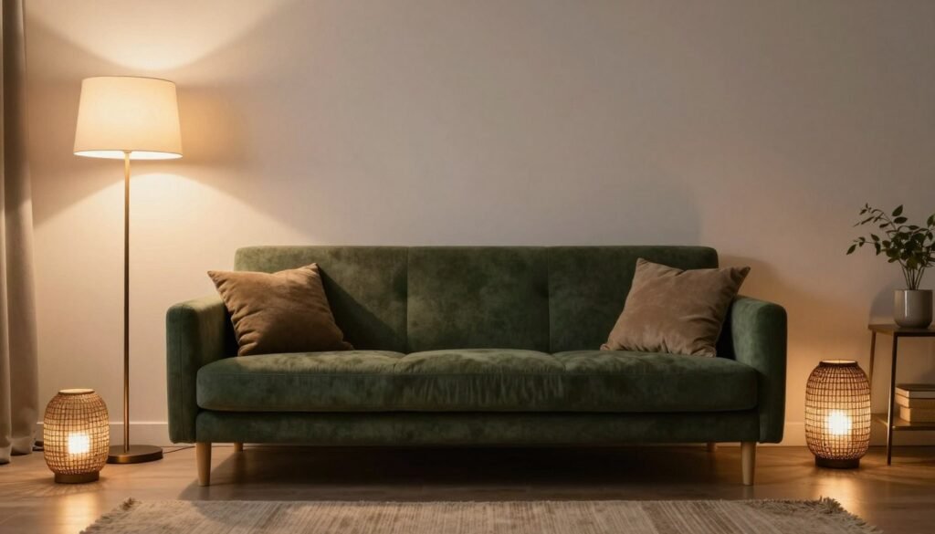 A green couch in a living room with layered lighting including floor lamps, table lamps, and ambient lighting