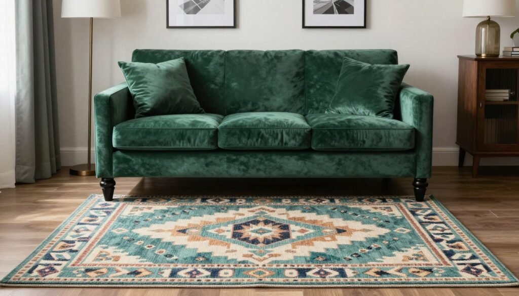 A green couch paired with a patterned area rug that ties together the room's color scheme