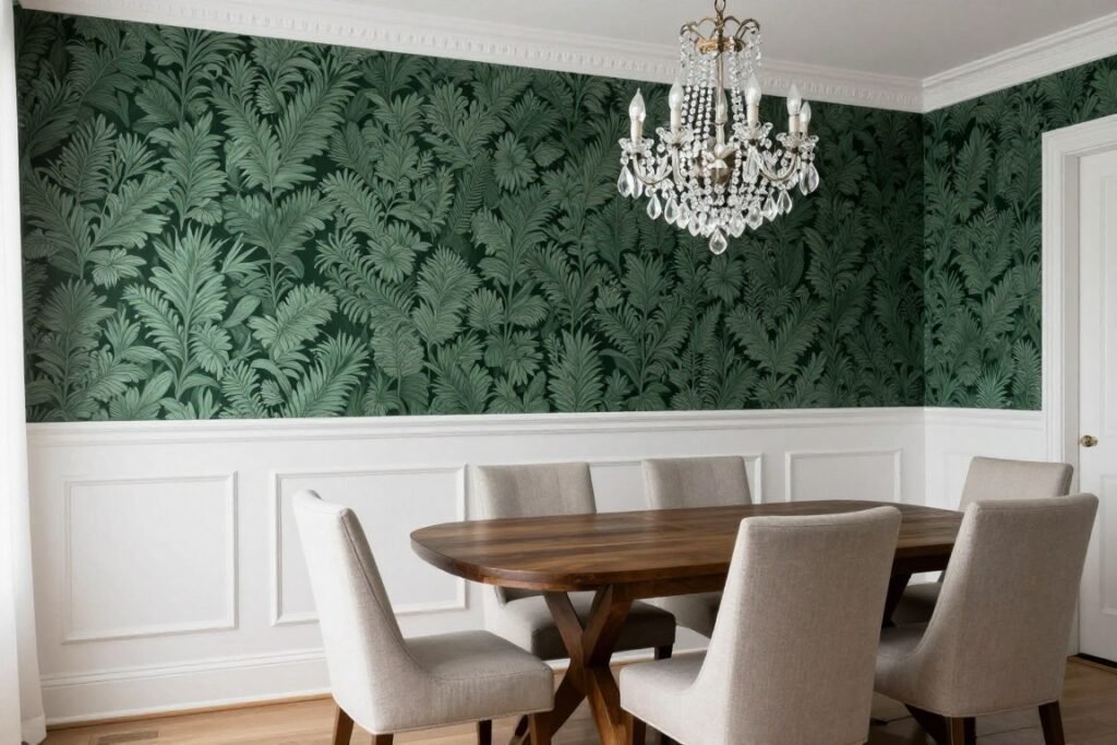 A green dining room with botanical wallpaper and wainscoting showing texture and depth