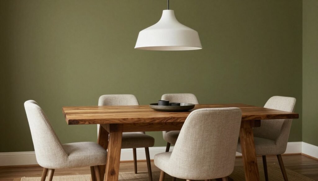 A green dining room with wooden table and upholstered chairs showing furniture coordination