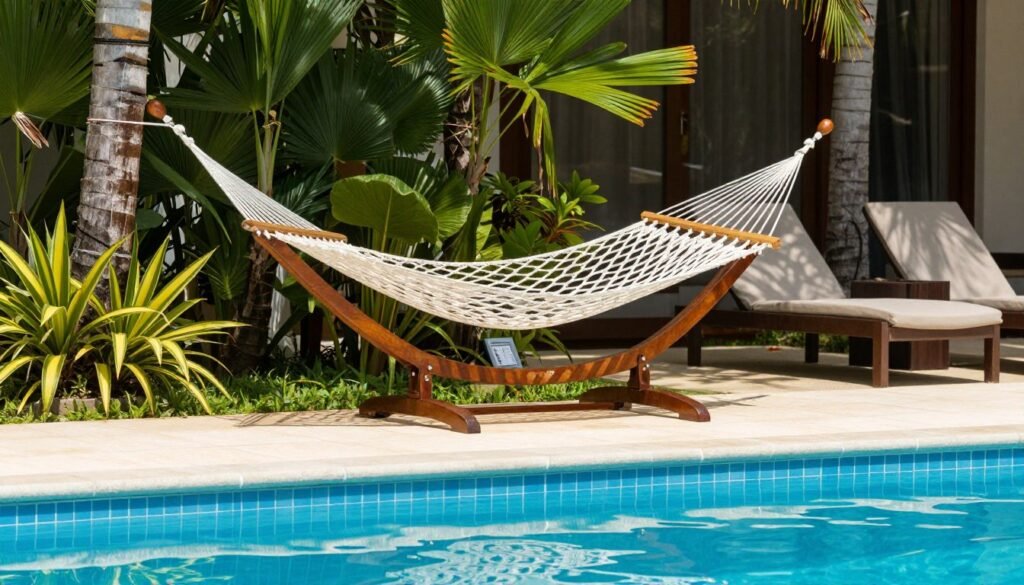A hammock positioned beside a swimming pool with lounge chairs and tropical plants nearby