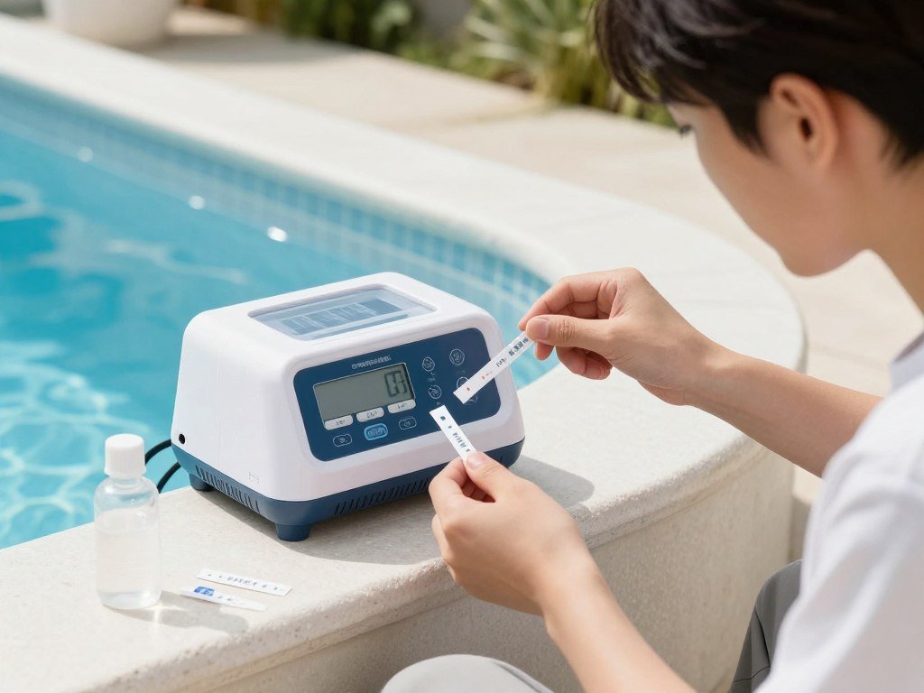 A homeowner performing maintenance on a small backyard pool with testing equipment