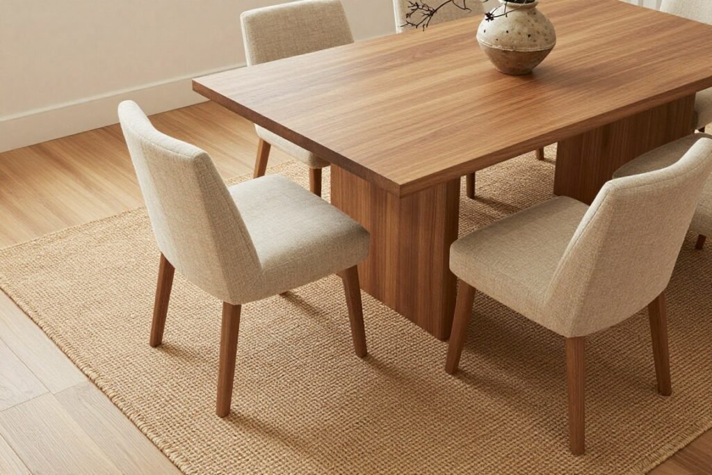 A jute rug under an organic modern dining table with linen chair upholstery