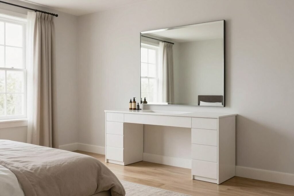 A large freestanding vanity mirror in a spacious bedroom with ample surrounding space