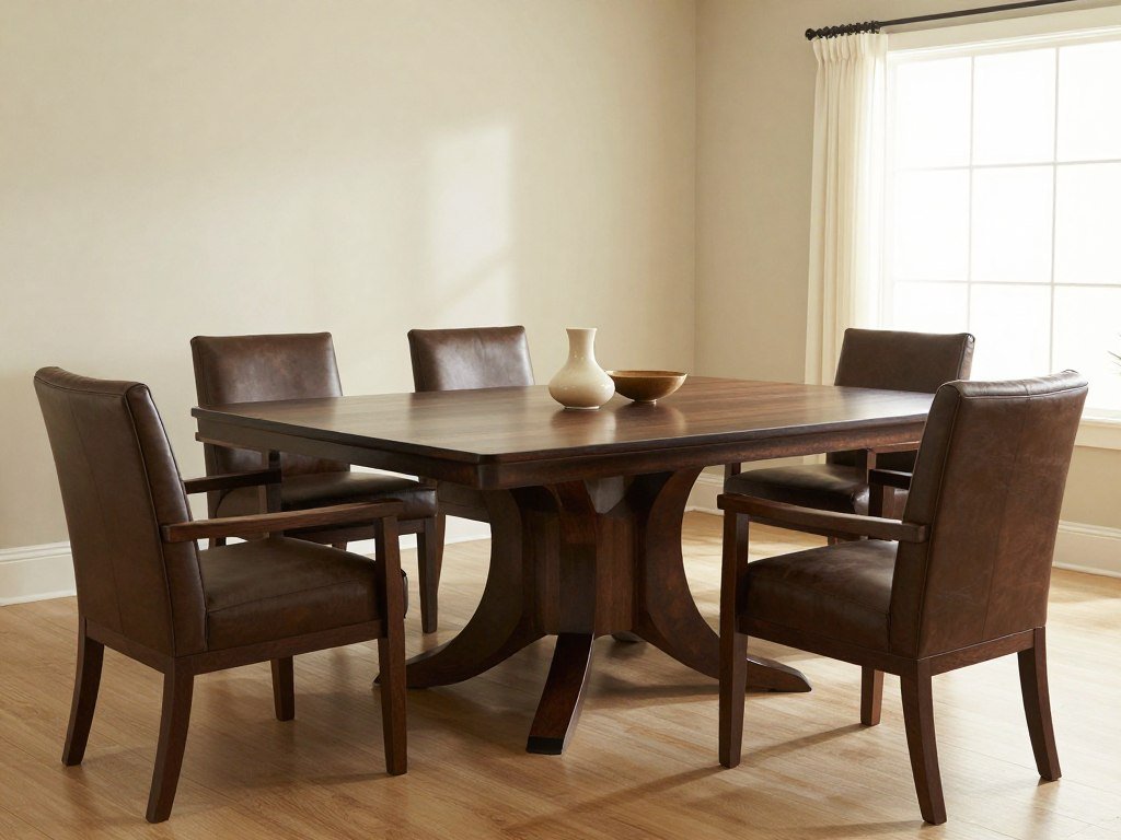 A large rectangular dining room table that seats 8-10 people in a formal dining room