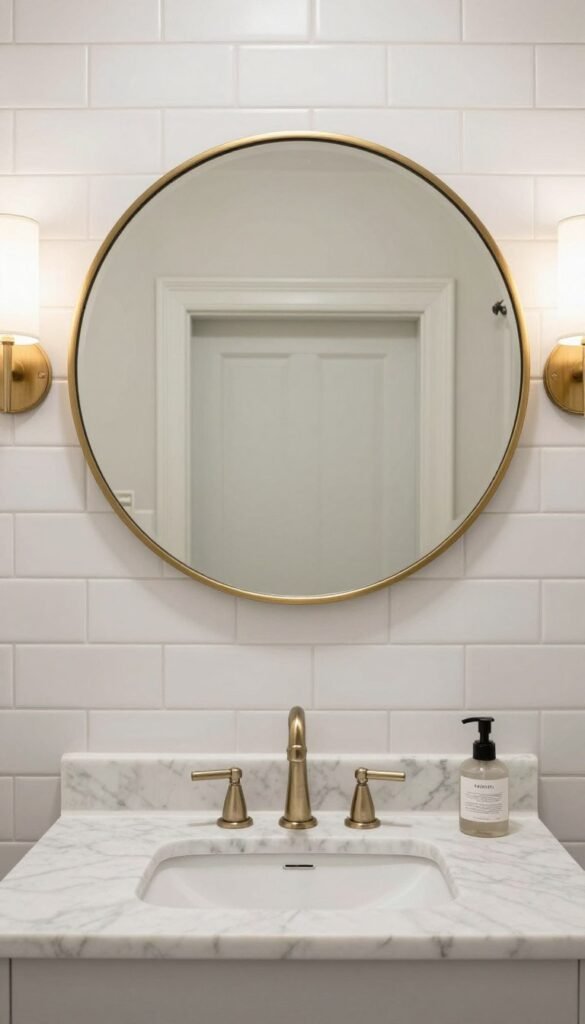 A large round mirror with a thin brass frame mounted above a white marble vanity in a bathroom with subway tile