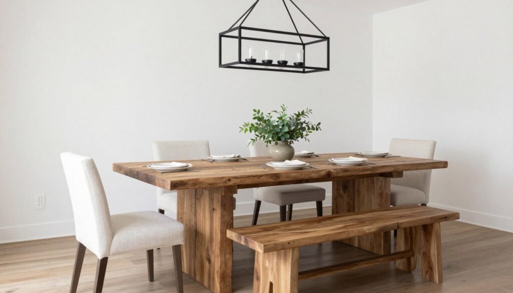 A large wooden farmhouse dining table surrounded by mixed seating including upholstered chairs and a bench A large wooden farmhouse dining table surrounded by mixed seating including upholstered chairs and a bench