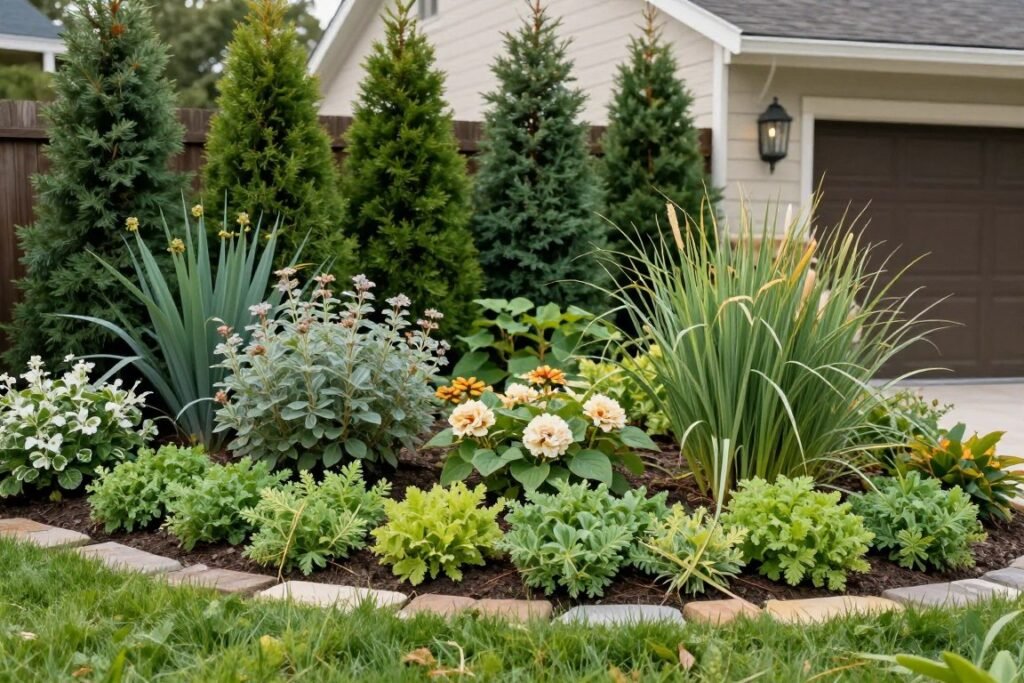 A layered front yard garden with evergreen shrubs, colorful perennials, and ornamental grasses creating depth and visual interest