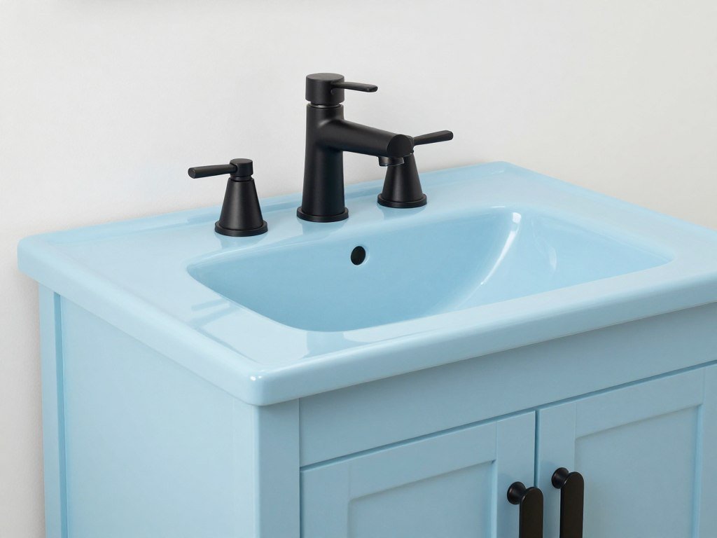 A light blue bathroom vanity with matte black hardware and faucet, creating a bold modern contrast in a contemporary bathroom setting