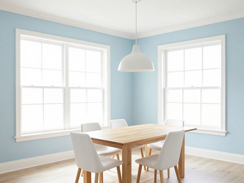 A light blue dining room with white trim and natural wood furniture