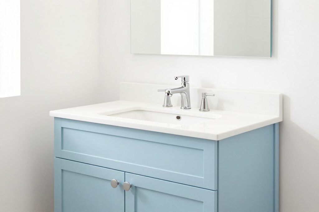 A light sky blue bathroom vanity with silver hardware in a bright, airy bathroom with white walls and natural light